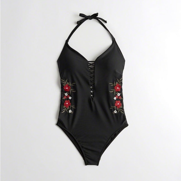 Hollister Swim Hollister Floral Embroidered Strappy Plunge Onepiece